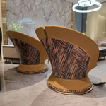 Mustard Yellow Leather Leisure Chair with Woven Seat and Colorful Geometric Back Panel
